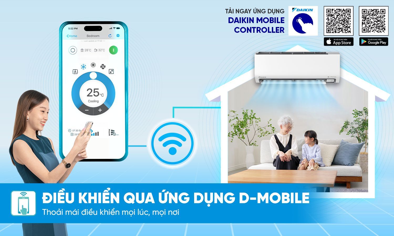 Bạn có thể điều chỉnh máy lạnh linh hoạt các chức năng ngay trên điện thoại thông qua ứng dụng D Mobile