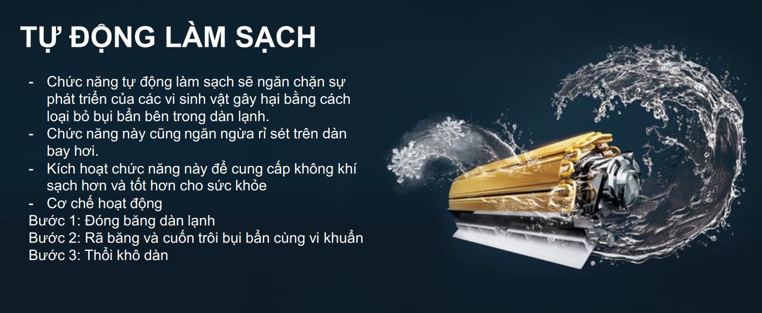 Tự động làm sạch dàn lạnh sẽ được thực hiện với 3 bước