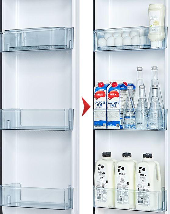 Thiết kế kệ cửa lớn hơn có thể chứa vừa 3 bình nước 2 lít kèm với khay đựng trứng lớn