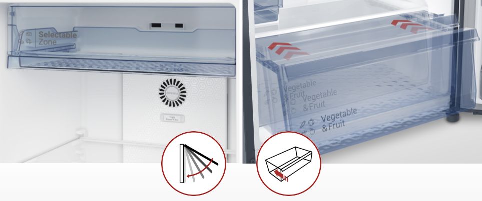 Ngăn Selectable Zone và ngăn rau quả được thiết kế dạng kín